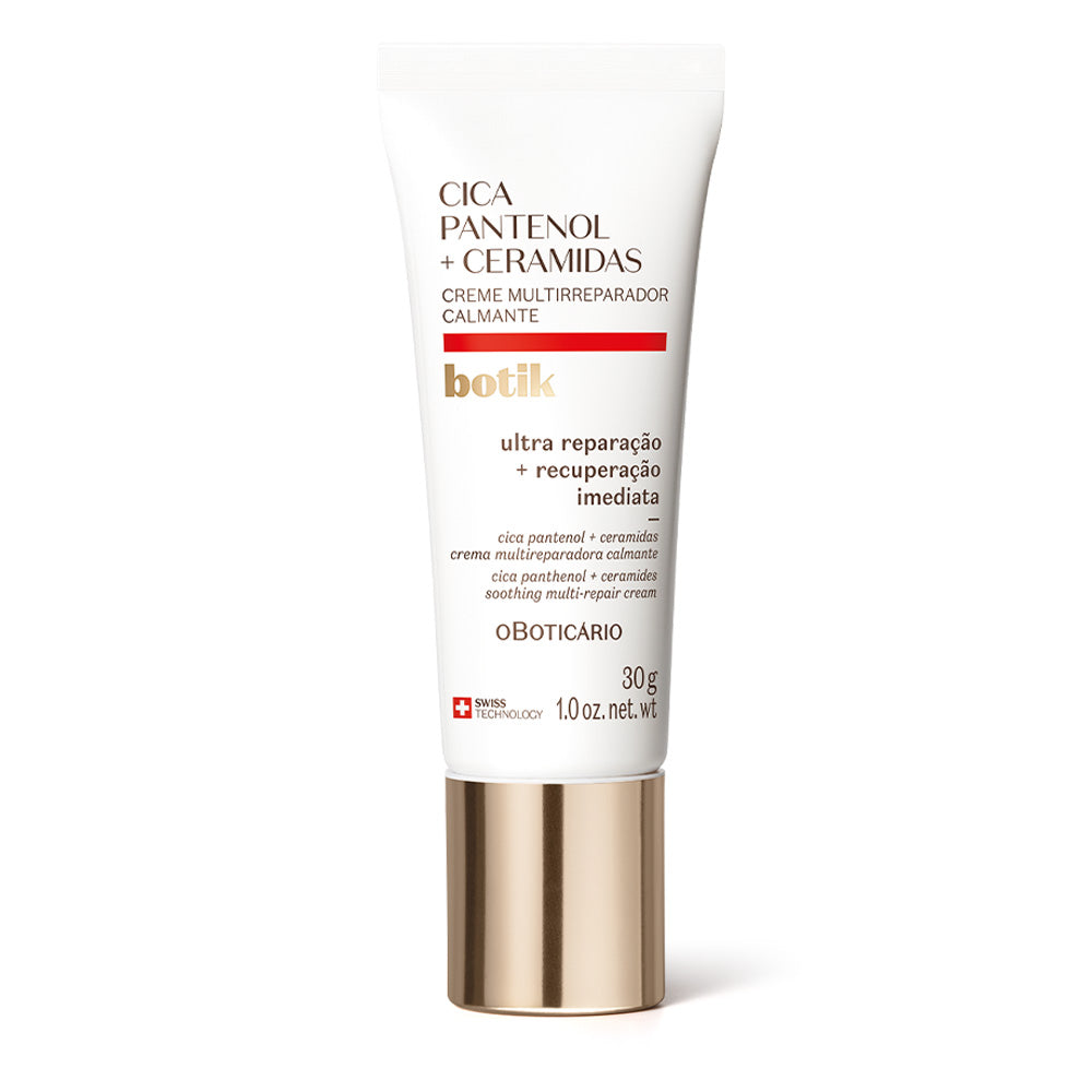 Creme Multirreparador Calmante Botik Cica Pantenol e Ceramidas 30g Creme multirreparador CICA PANTENOL + CERAMIDAS botik em tubo branco com tampa dourada