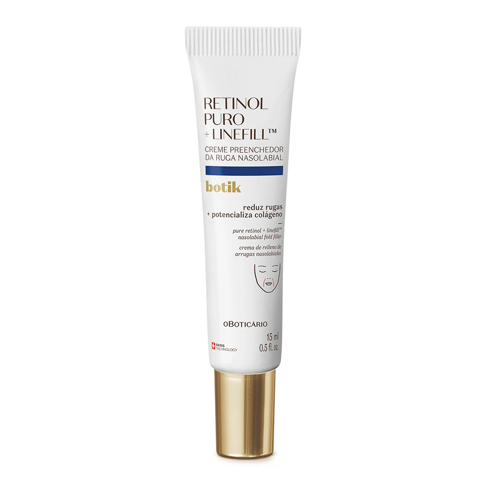 Retinol Puro + Linefill (Creme Preenchedor da Ruga Nasolabial), Botik, 15ml Bisnaga branca de creme para rugas nasolabiais com tampa dourada e texto em castanho e azul.