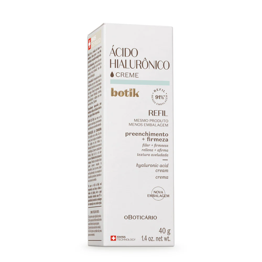 Refil Creme Facial Ácido Hialurónico Botik, 40g Embalagem branca de creme ácido hialurônico botik refill com texto sobre firmeza e preenchimento