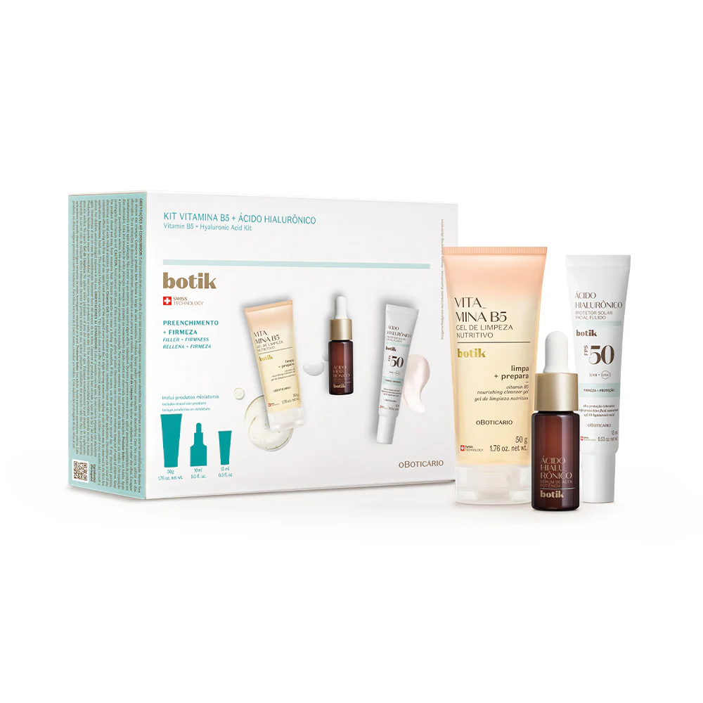 Coffret Botik Ácido Hialurónico Kit facial botik com vitamina B5 e ácido hialurônico contendo gel de limpeza, sérum e protetor solar FPS 50.