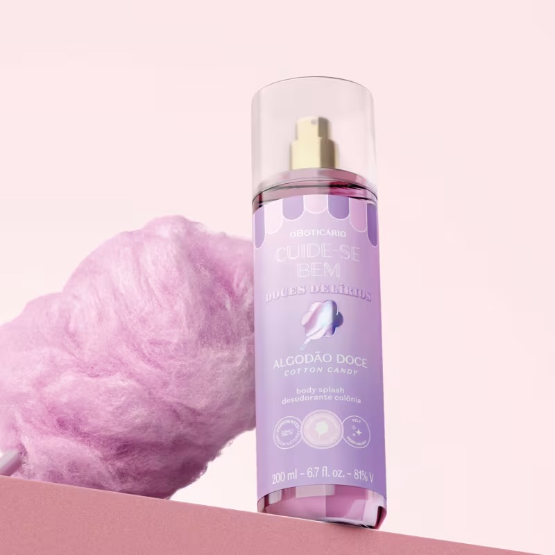 Body Splash Cuide-se Bem Doces Delírios Algodão Doce 200 ml Spray corporal Hidrafresh Algodão Doce da Oboticário lilás com algodão doce cor-de-rosa
