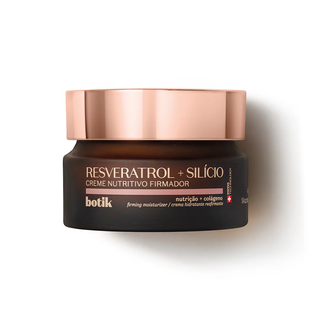 Creme Nutritivo Firmador Botik Resveratrol + Silício, 40g Frasco de creme nutritivo firmador Botik castanho com tampa rosa metálica