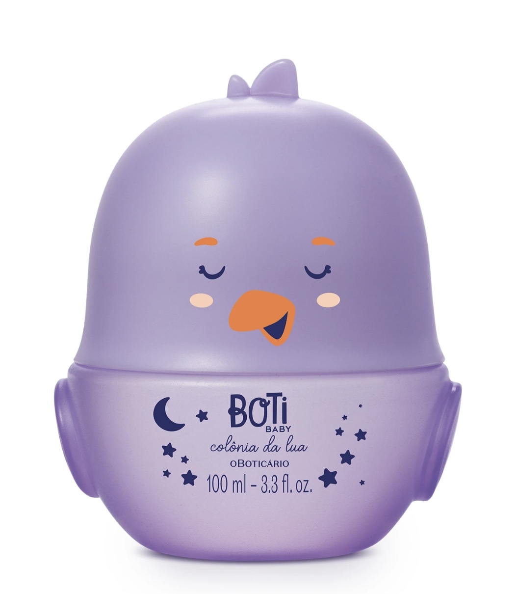 Colónia Lua Boti Baby Colónia para bebé embalagem lilás em forma de pássaro com texto e desenhos