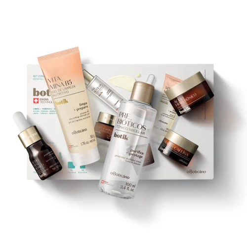 KIT Botik Rotina Facial Completa - 5 Produtos Kit de produtos de cuidados de pele Botik por O Boticário com embalagens em branco, castanho e creme