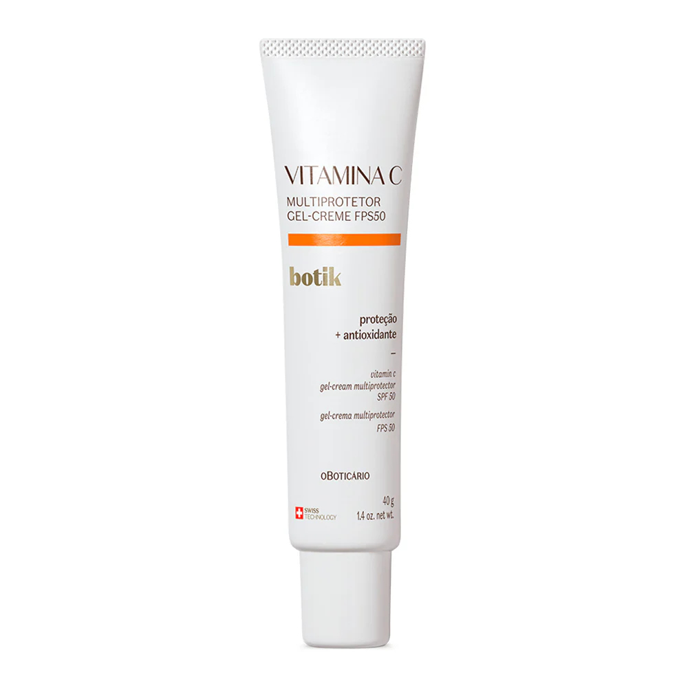 Botik Vitamina C Multiprotetor Gel Creme FPS50, 40g Frasco branco de gel-creme multiprotetor com vitamina C FPS50 da oBOTICÁRIO