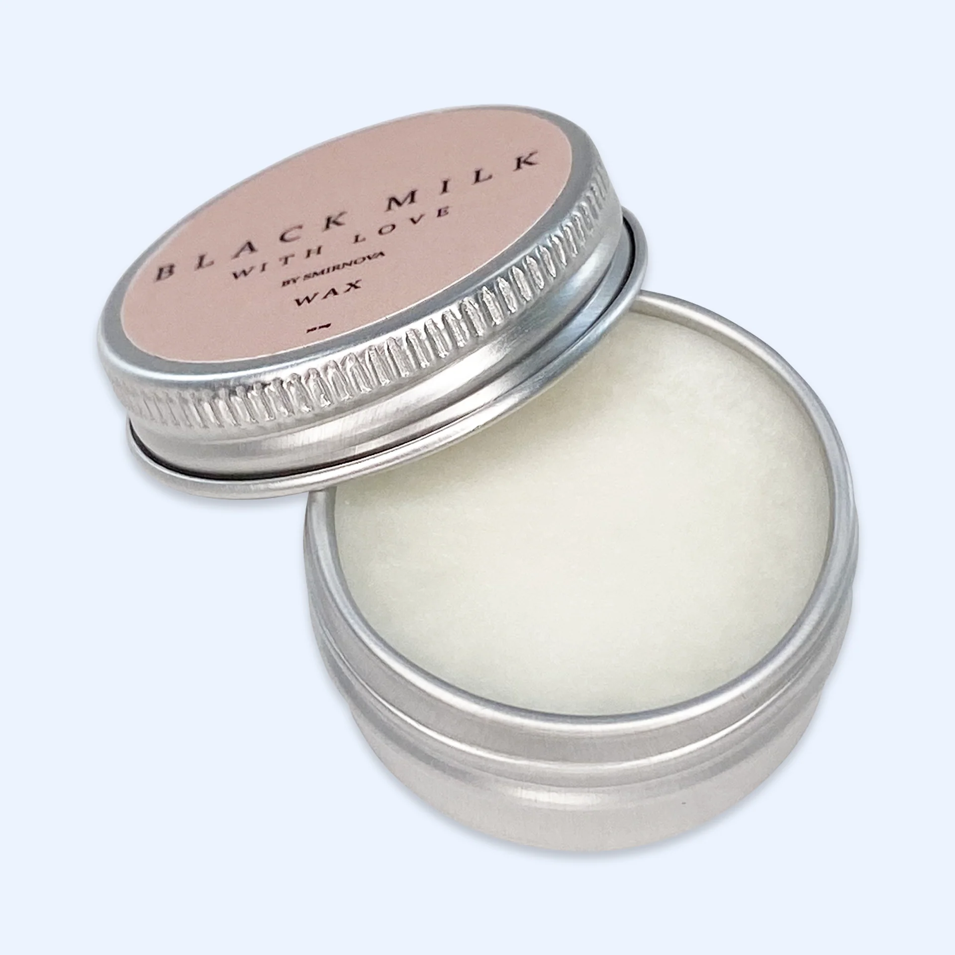 Cera de cutículas - SMIRNOVA Pote de metal aberto com cera branca e tampa com etiqueta preta e rosa