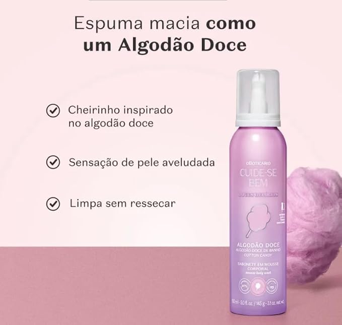 Sabonete Em Mousse Corporal Cuide-se Bem Doces Delírios Algodão Doce 150ml Frasco roxo de mousse corporal com tampa branca e algodão doce rosa ao lado
