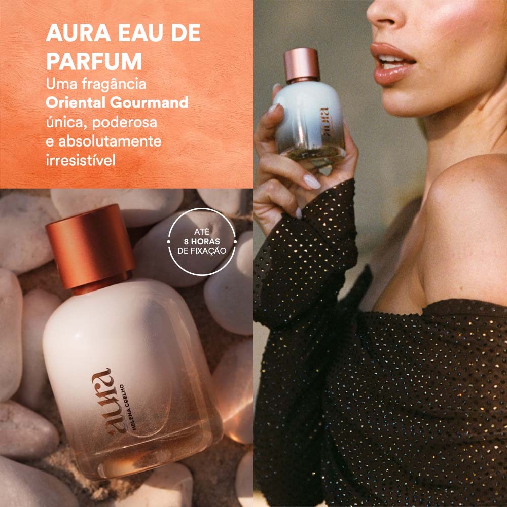 Aura Eau de Parfum, 75ml Frasco de perfume Aura Eau De Parfum com tampa cobre, texto em português e mulher segurando o frasco.