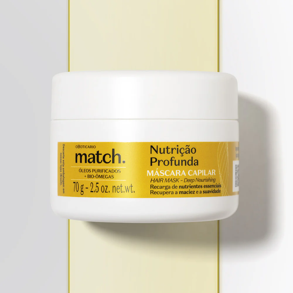 Match Máscara Capilar Nutrição Profunda 70g Frasco branco de máscara capilar com rótulo dourado da marca oBoticário Match