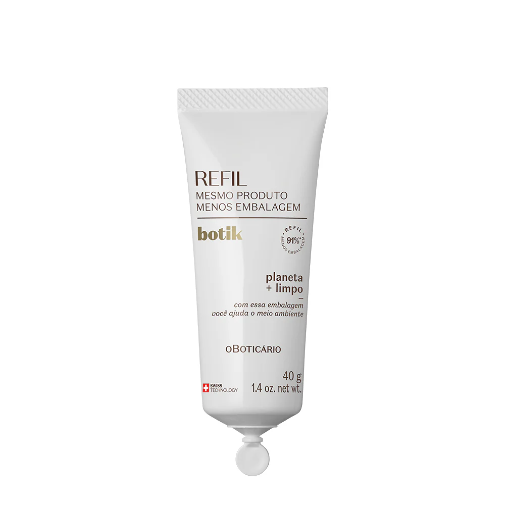 Refil Creme Facial Ácido Hialurónico Botik, 40g Bisnaga branca com texto em castanho e dourado de refil Botik do oBoticário