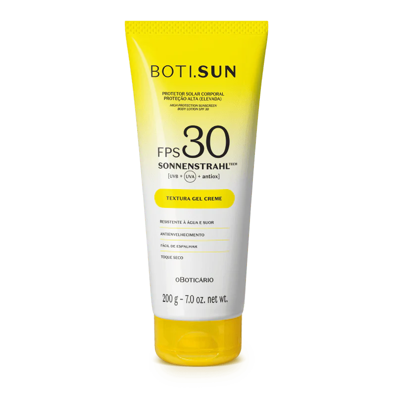 Boti.Sun Protetor Solar Corporal FPS30, 200g Tubo de protetor solar corporal BOTI.SUN FPS 30 em embalagem branca e amarelo