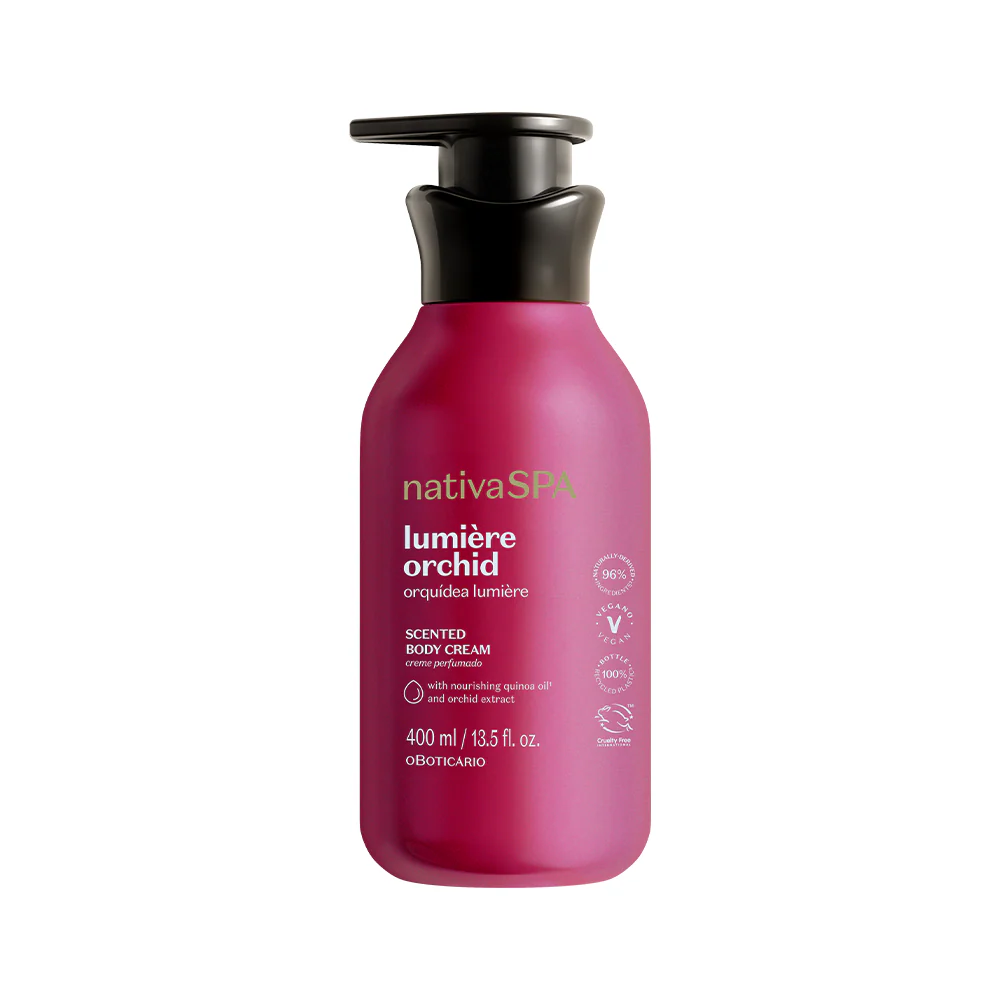Creme Hidratante Perfumado Nativa SPA Orquídea Lumière, 400ml creme corporal perfumado nativaSPA Lumière Orchid em embalagem rosa com tampa preta