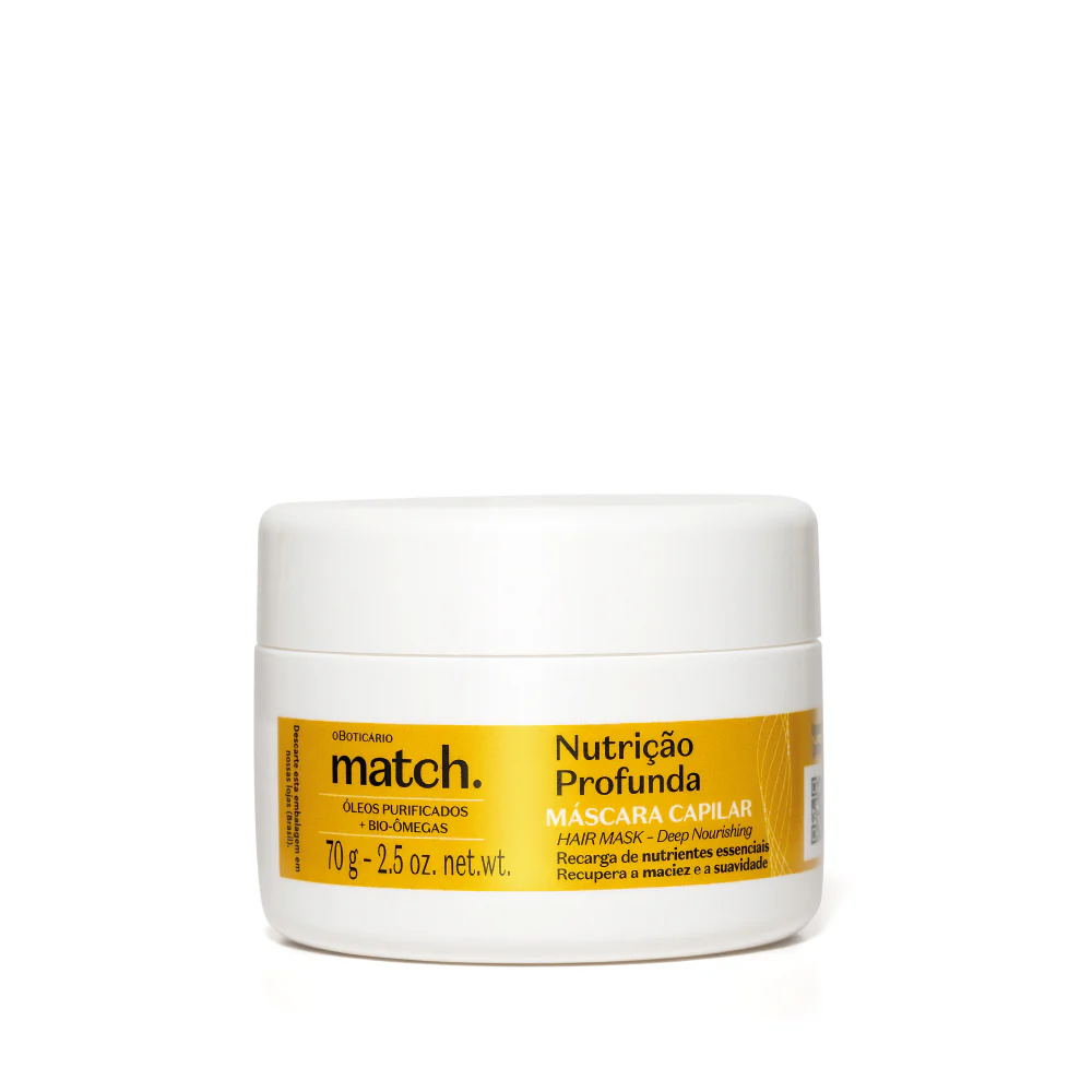Match Máscara Capilar Nutrição Profunda 70g Pote branco plástico com etiqueta amarela de máscara capilar oBoticario match