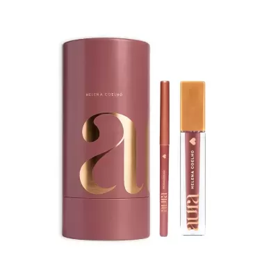 Conjunto de maquilhagem com lápis e gloss de lábios nude rosados com embalagem cilíndrica