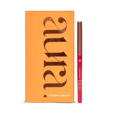 Lápis de olhos ou lábios vermelho com tampa castanha e embalagem laranja com texto