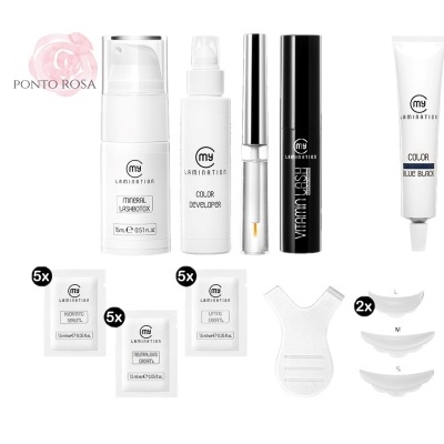 Conjunto de produtos MY Lamination para permanente de pestanas com frascos, ampolas e moldes em fundo branco.