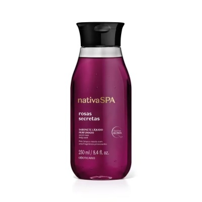 Frasco roxo translúcido de sabonete líquido nativaSPA rosas secretas com tampa preta.