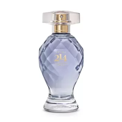 Frasco de perfume de vidro azul com tampa transparente e detalhes dourados