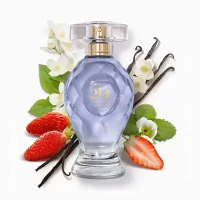 Frasco de perfume azul claro BOTICA 214 com morangos e flores