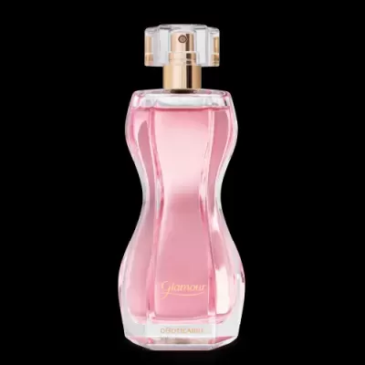 Frasco de perfume em vidro rosa com tampa transparente e detalhes dourados