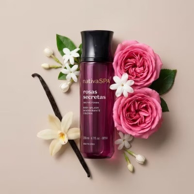 Frasco roxo de body splash com flores e vagem de baunilha sobre fundo bege