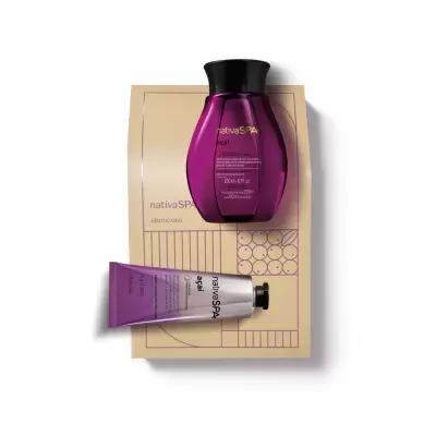 Conjunto de produtos nativaSPA roxo e prata sobre fundo bege com padrão