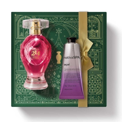 Conjunto de perfume rosa e creme de mãos açaí com caixa verde decorada e laço amarelo