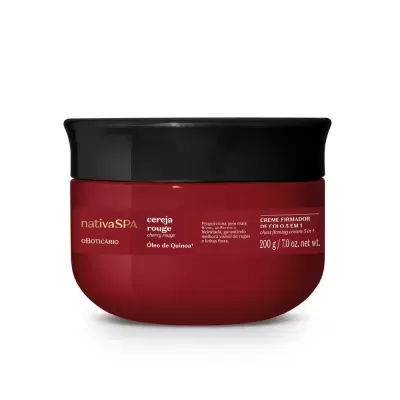 Frasco vermelho com tampa preta de creme firmador nativaSPA cereja rouge