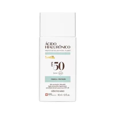 Frasco branco de protetor solar facial Ácido Hialurônico FPS 50 Botik