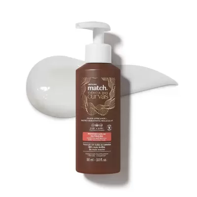 Frasco castanho com bomba de produto capilar e textura de creme