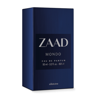 Caixa de perfume azul escuro ZAAD MONDO com texto branco