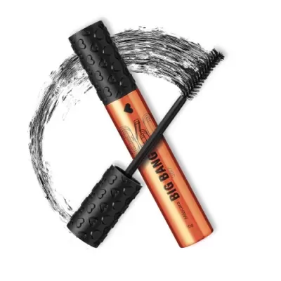 Máscara de pestanas metálica laranja com tampa preta texturada e escova com rasto preto.