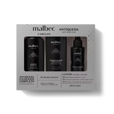 Conjunto Malbec Antiqueda para cabelo com shampoo, condicionador e tónico em embalagem cinza