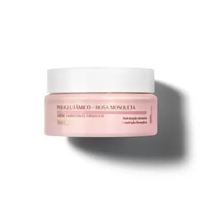 Frasco de creme hidratante firmador cor-de-rosa com tampa branca e texto em português