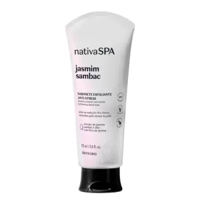 Frasco branco sabonete esfoliante nativaSPA jasmim sambac 170 ml com tampa preta