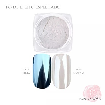Pó de efeito espelhado em pó branco com amostras em base preta e base branca
