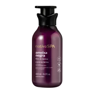 Frasco roxo com doseador preto de loção nutritiva nativaSPA ameixa negra