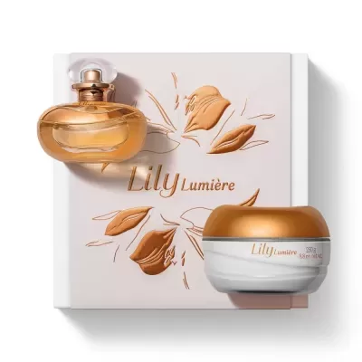 Conjunto de perfume e creme corporal Lily Lumière com embalagem dourada e branca