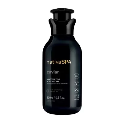 Frasco preto fosco de hidratante corporal NativaSPA caviar 400ml