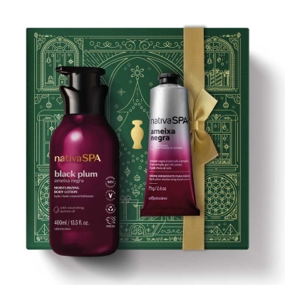 Conjunto de produtos hidratantes nativaSPA ameixa negra em caixa verde com laço dourado