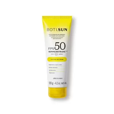 Frasco de protetor solar corporal BOTI.SUN FPS 50 branco e amarelo
