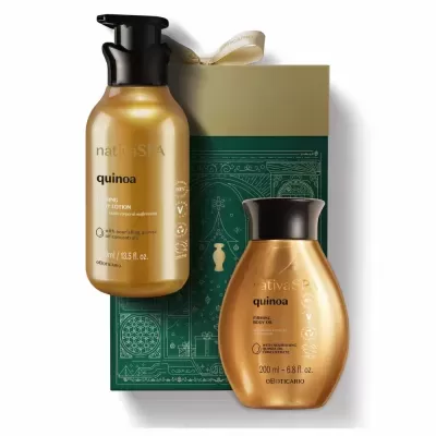 Conjunto de cosméticos nativa SPA quinoa dourado com caixa verde decorada.