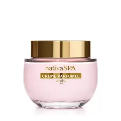 Frasco rosa com tampa dourada de creme perfumado nativaSPA