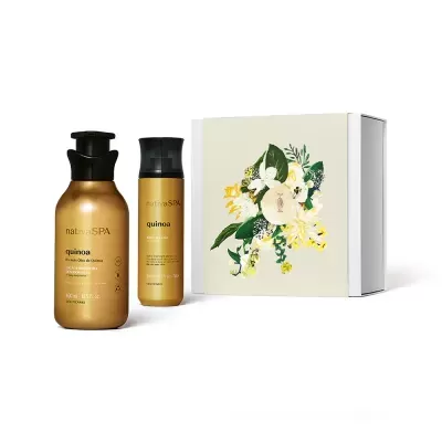 Conjunto de produtos corpo nativaSPA quinoa e caixa decorada com flores