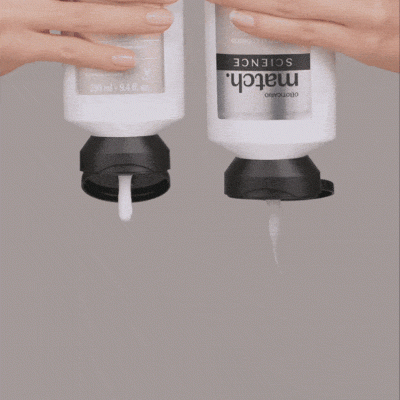 Frascos brancos com tampas pretas e texto 'match. SCIENCE'