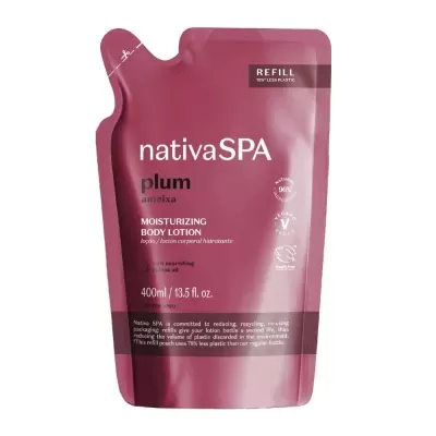 Embalagem refill rosa escuro loção corporal Nativa SPA ameixa