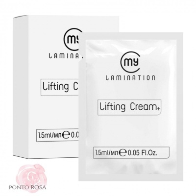 Embalagem e sachê branco de creme lifting my Lamination com texto preto