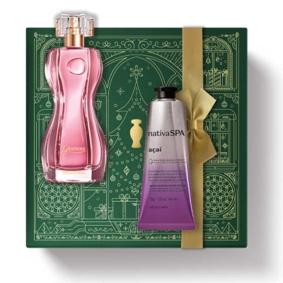 Conjunto presente com perfume rosa e creme hidratante açaí