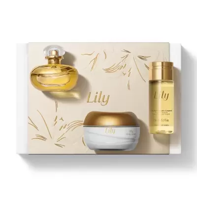 Conjunto de produtos Lily com frasco de perfume, creme corporal e óleo perfumado em embalagem creme com detalhes dourados