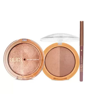 Conjunto de maquilhagem Aura Helena Coelho com pó bronzeador e lápis de olhos